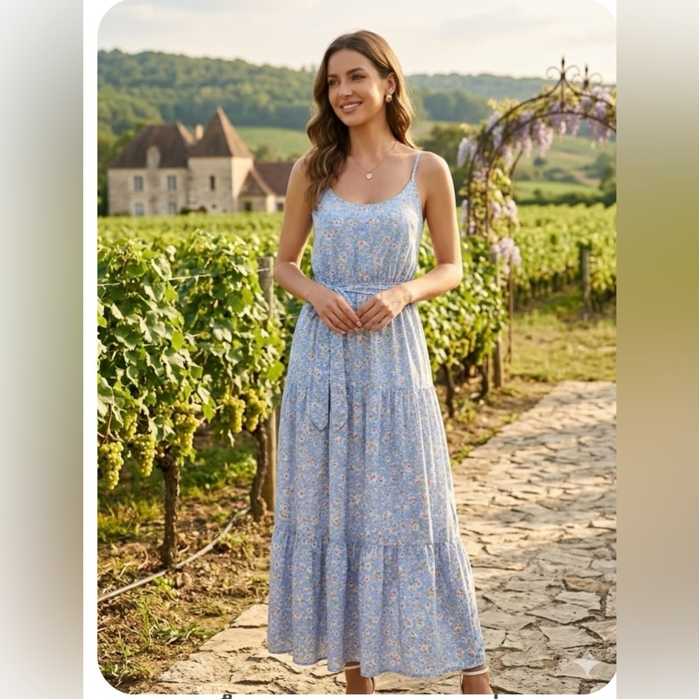 Lulu’s Sunny Bliss Light Blue Floral Tiered
Maxi Dress NWT - Size S
